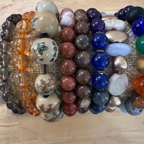 Earth Tone Stretch Bracelet Lot Set Of 10 Beaded Stone & Glass Accessories For W - Picture 2 of 9